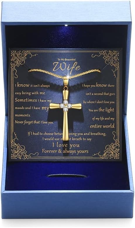 Gold Moissanite Cross Necklace for Women Wife in Light-Up Gift Box,Love Card - Women Anniversary Birthday Gifts Ideas for Wife Her Girlfriend, Christian Cross Chain Jewelry(18K Real Gold Filled)