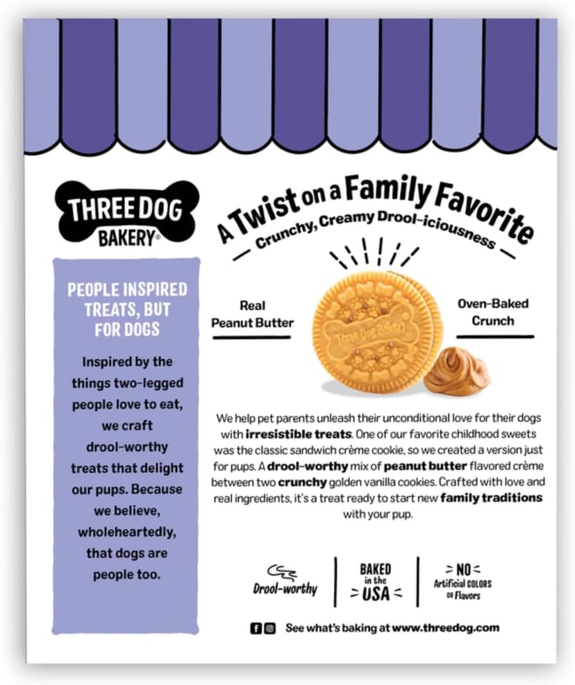 Three Dog Bakery Classic Cremes Baked Dog Treats, Golden with Peanut Butter Filling, 13 oz,Brown,310077