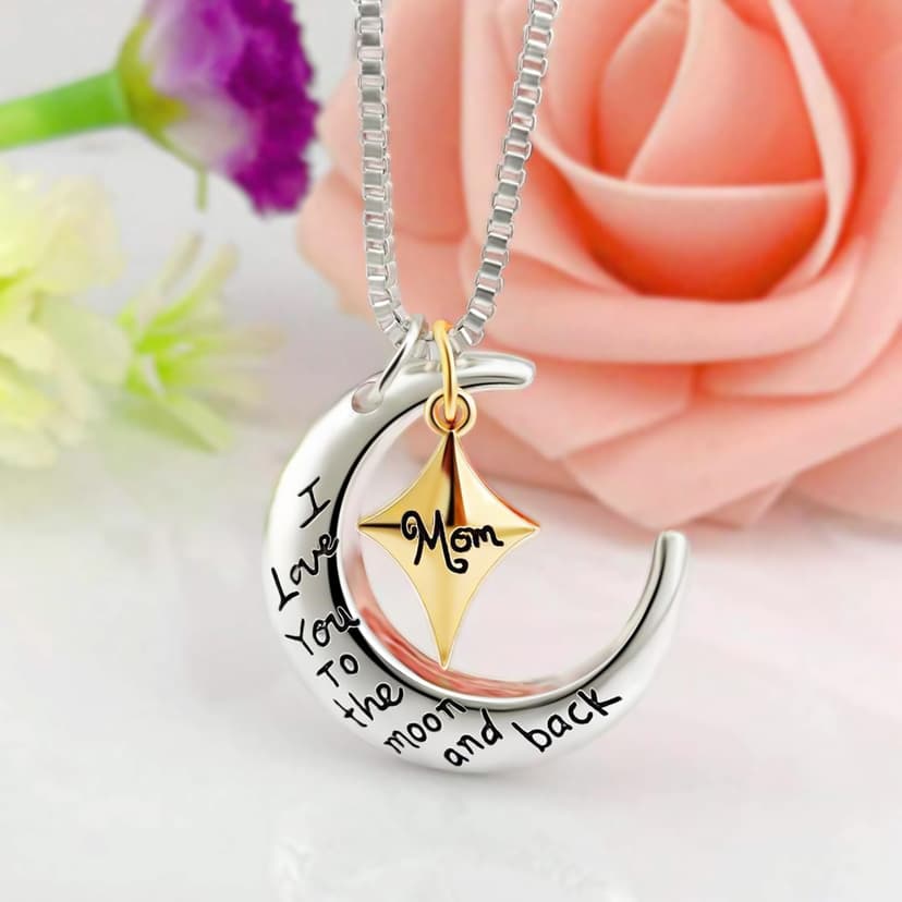 POWER WING Mom Necklace for Women Mom I Love You to The Moon and Back Moon Star Pendant Necklace Birthday Presents for Mom Mothers Gifts from Daughter Son