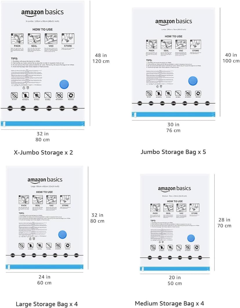 Amazon Basics Vacuum Compression Space Saving Storage Bags with Hand Pump for Travel, Multiple Sizes for Clothes and Blankets, Clear, 20 Pack (5 Small, 5 Medium, 5 Large & 5 Jumbo)