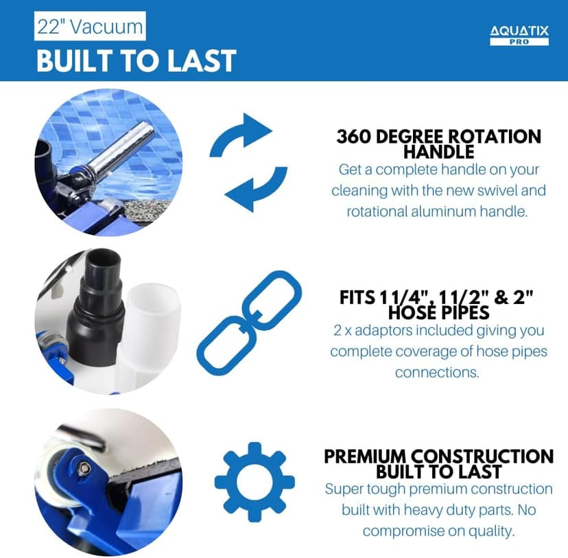 Aquatix Pro Pool Vacuum Head, 22" Extra Large Commercial Grade, 10 Weighted Plates, 2 x Hose Adapter, Aluminium Handle, Stainless Steel Balls, Flex Swivel Swimming Pool Head with Bottom Brush