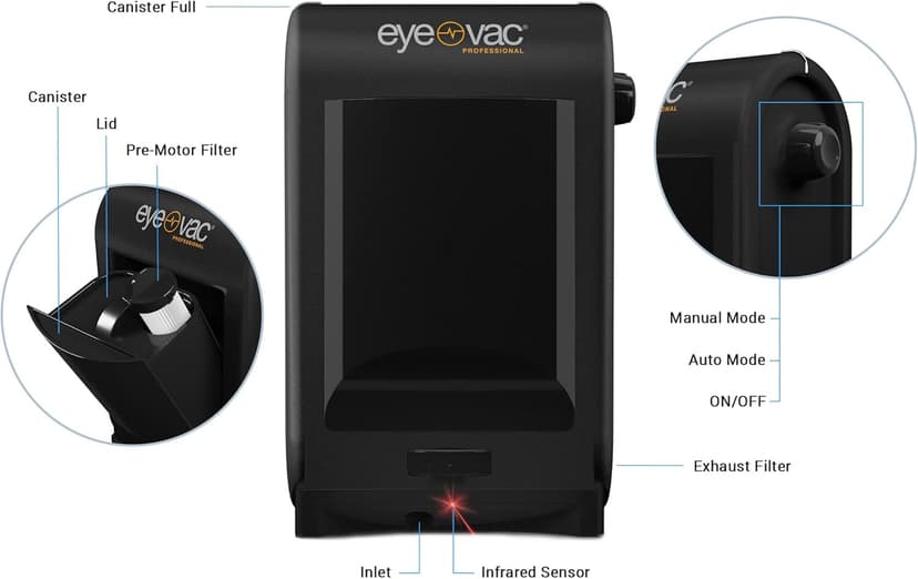 EyeVac Pro Touchless Vacuum Automatic Dustpan - Ultra Fast & Powerful - Great for Sweeping Salon Pet Hair Food Dirt Kitchen, Corded Canister Vacuum, Bagless, Automatic Sensors, 1400 Watt (Black)