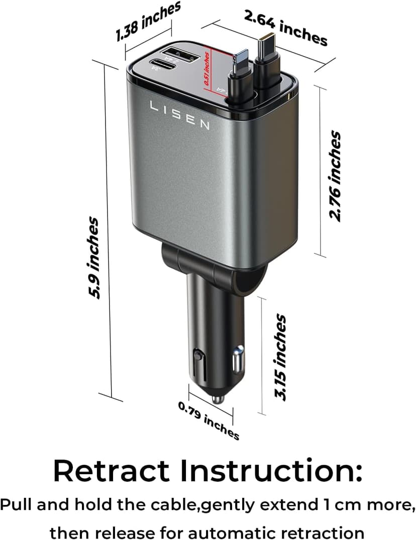 LISEN Retractable Car Charger, 69W USB C Car Accessories Adapter for iPhone 17 USB C Charger Fast Charging, Gifts for Women Men, Travel Essentials, for iPhone 17 Pro Max Air 16 15 14 13 12 Samsung S25