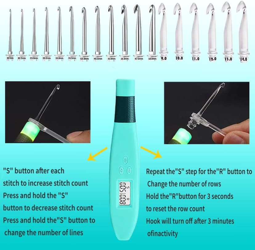 Yarniss 18 Size Counting Crochet Hooks with Light, Digital Counter Crochet Hooks Set with Case (2.0mm~14.0mm)