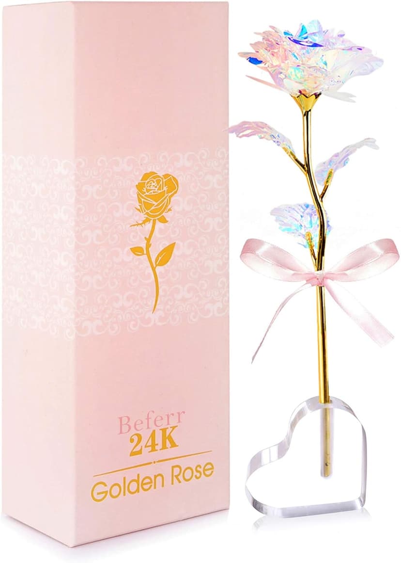 Beferr Gifts for Women Mom Galaxy Rose Glass Crystal Flowers with Heart-Shaped Base Eternal Roses Forever Flowers Mother's Birthday Gifts for Grandma Daughters Wife Sister Kids