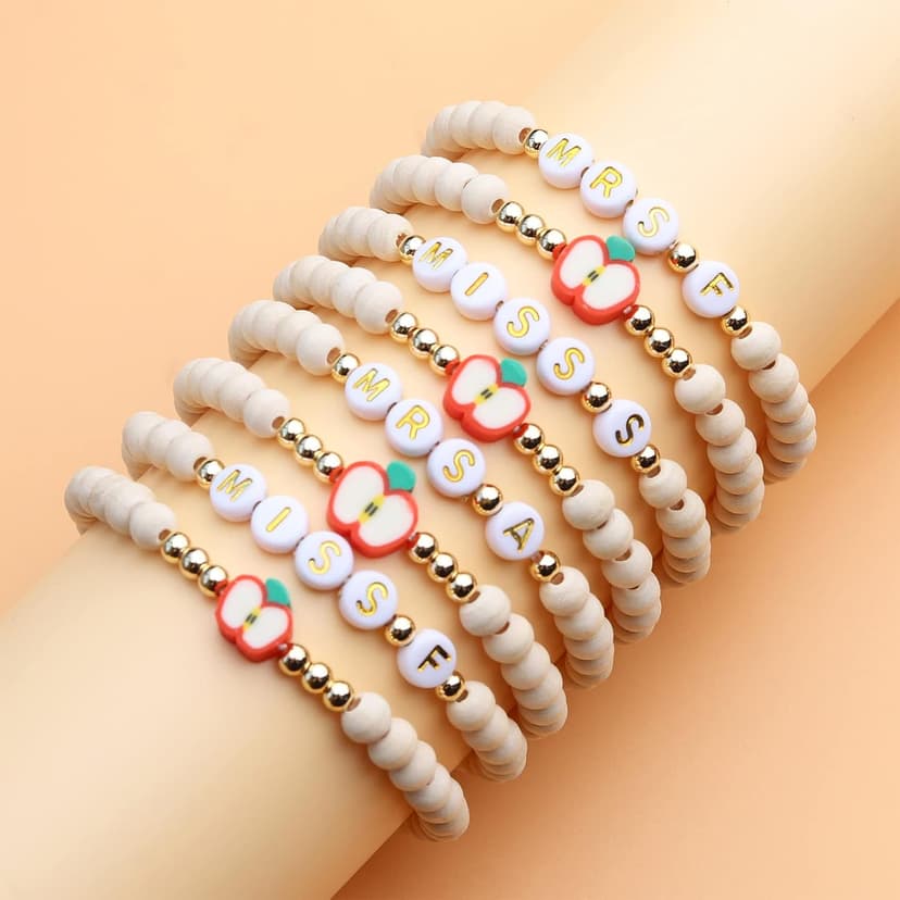 Personalized Teacher Bracelet for Women, 2 Pcs Initial Mrs Miss Ms Teacher Appreciation Gifts With Card From Student Friends, Thank You TEACH Gift for Women