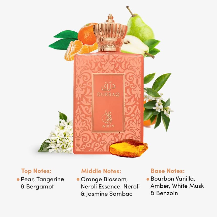 ARIF Durraq Perfumes – Floral Oriental Eau de Parfum for Women – Long-Lasting, Saffron, Plum, Orange Blossom, Neroli, Patchouli, Musk – Luxury Women's Fragrance – 3.4 oz