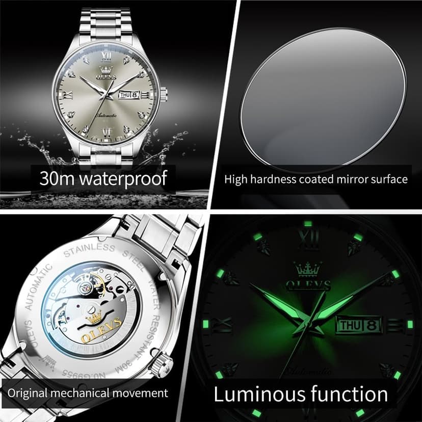 OLEVS Automatic Watches for Men Self Winding Mechanical Wristwatch Luxury Business Dress Stainless Steel Luminous Waterproof Calendar Mens Watch