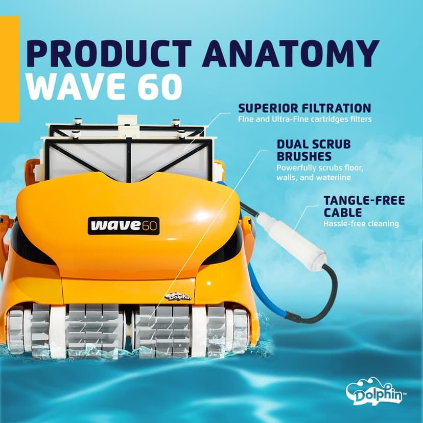Dolphin Wave 60 Automatic Robotic Pool Vacuum Cleaner Includes Caddy, Wall Climbing Scrubber Brush, Top Load Filters, Ideal for Commercial Pools up to 50 FT in Length
