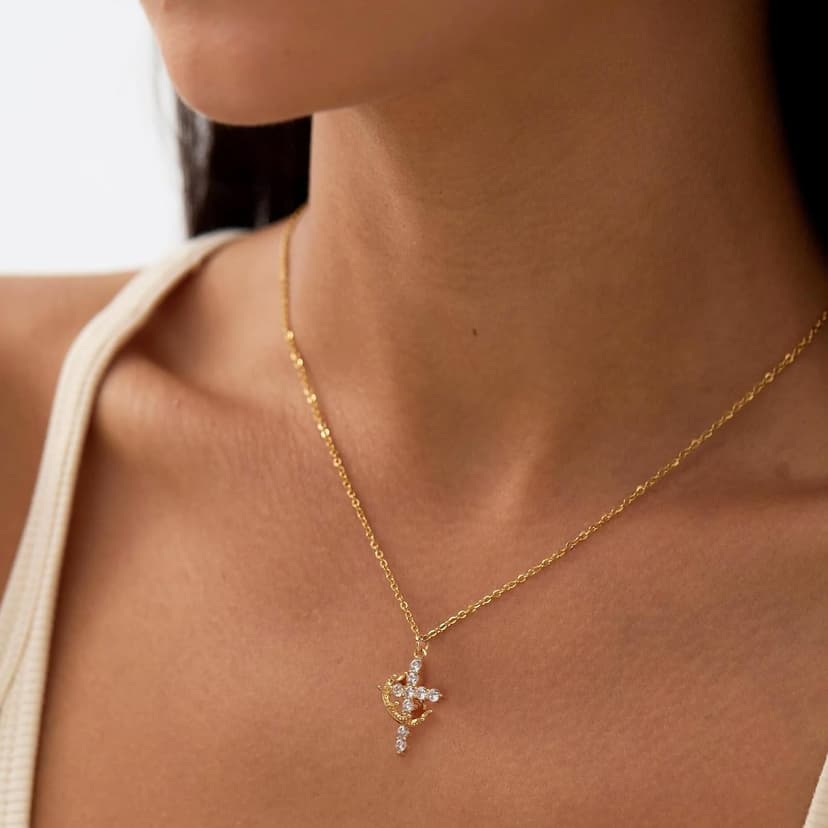 Upgraded Crown Cross Necklace for Women,14K Gold Plated & Silver Plated Crown Cross Pendant Necklace Diamond Cross Necklaces Faith Cross Jewelry First Communion Gifts, 12-Color Birthstone Necklaces for Women