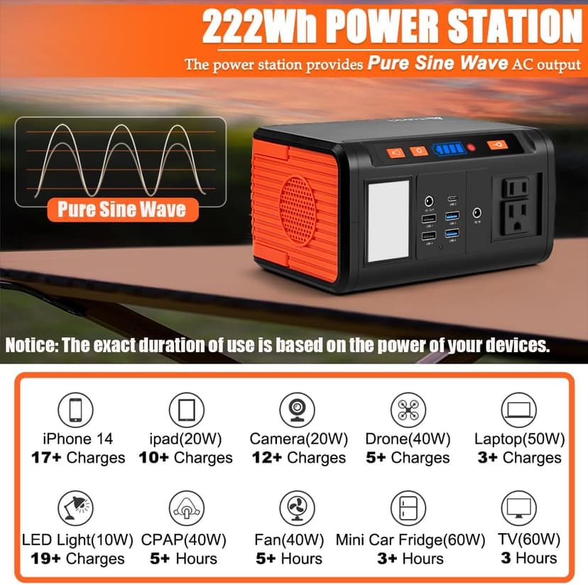 Takki Solar Generator 250W Portable Power Station with 40W Solar Panels 222Wh Pure Sine Wave Camping Lithium Battery Power Bank with AC 110V Outlet for Camping Home Use Emergency Outdoor