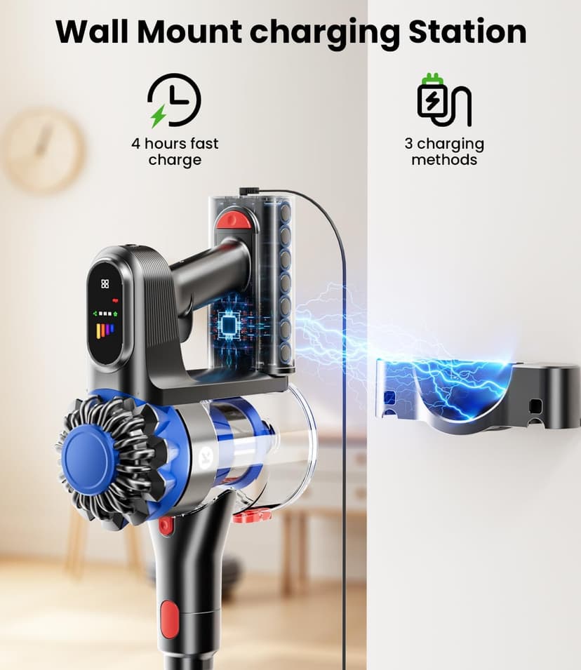 Cordless Vacuum Cleaner, 500W/40Kpa Vacuum Cleaners for Home, 60Mins Stick Vacuum with LED Display, Anti-Tangle & Wall Mount Charging, 8 in 1 Lightweight Vacuum for Hard Floors Carpet Pet Hair