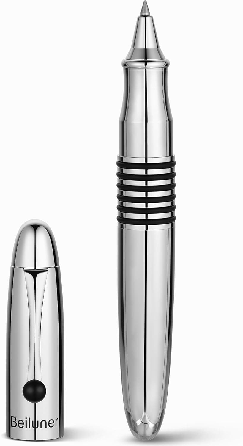BEILUNER 320 Silver Chrome Rollerball - Stunning Luxury Pen with Chrome Finish, EDC, Heavy, Schmidt Black Ink Refill, Best Gift Set for Men & Women, Professional, Executive Office, Nice Classic Pens