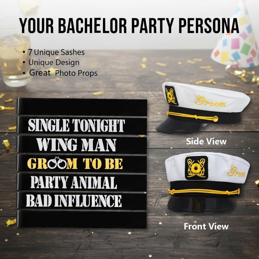 Men's Bachelor Party Decorations Kit with 1 Groom & 6 Groomsmen Belts, Gold Glitter Banner & Captain Hat for Bachelorette Party Supplies & Accessories