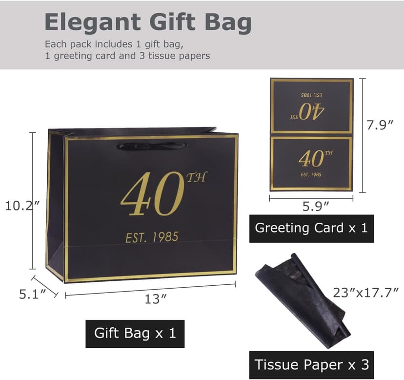 momoake 40th Birthday Gift Bag with Card and Tissue Paper for Men Women, 1985 40 Year Old 13" Elegant Black Gold Anniversary Keepsake Party Present Shopping Paper Bags for Gifts Wrapping (1985 40th)