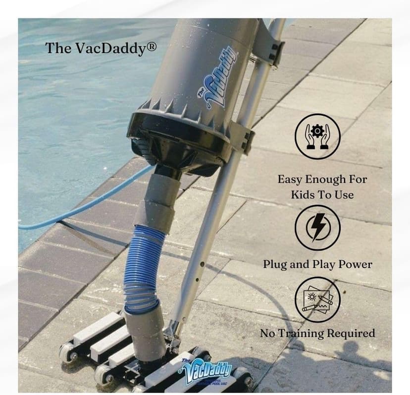 The VacDaddy FAST & POWERFUL Handheld Portable Pool Vacuum NO BATTERY REQUIRED! Cleans pools faster & better. Heavy Duty Professional Power for Residential and Commercial Inground & Above Ground Pools