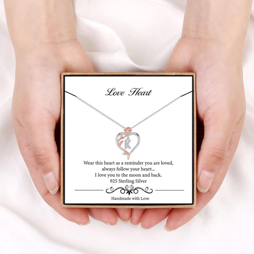 Iefil Stocking Stuffers for Women Wife - 925 Sterling Silver Rose Heart Initial Necklace, Christmas Anniversary Birthday Gifts for Women, Jewelry Gift for Her Wife Girlfriend Mom Daughter