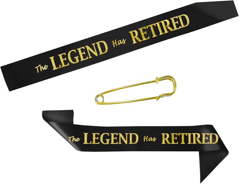The Legend Has Retired Sash – Elegant Black and Gold Foil Legendary Sash for Both Women and Men & a Large Gold Safety Pin. Perfect for Retirement Parties
