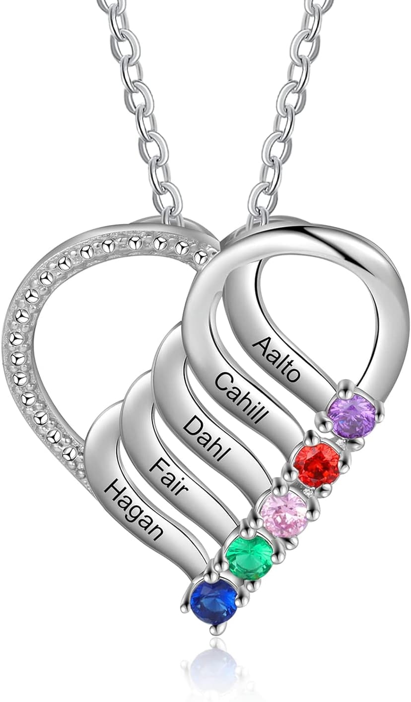 Jeweidea Personalized Heart Necklace with 2-6 Simulated Birthstones Custom Name Mother Daughter Chain Pendant for Women Mom Birthday