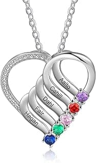 Jeweidea Personalized Heart Necklace with 2-6 Simulated Birthstones Custom Name Mother Daughter Chain Pendant for Women Mom Birthday