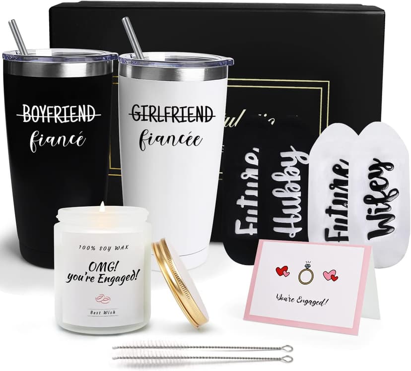 Engagement Gifts for Couples Women, Cool Wine Engaged Tumbler Gift Set Newly Presents for his and her him Fiance Fiancee Friend, Girlfriend Boyfriend Ideas with Straws, Socks, Candle & Greeting Card