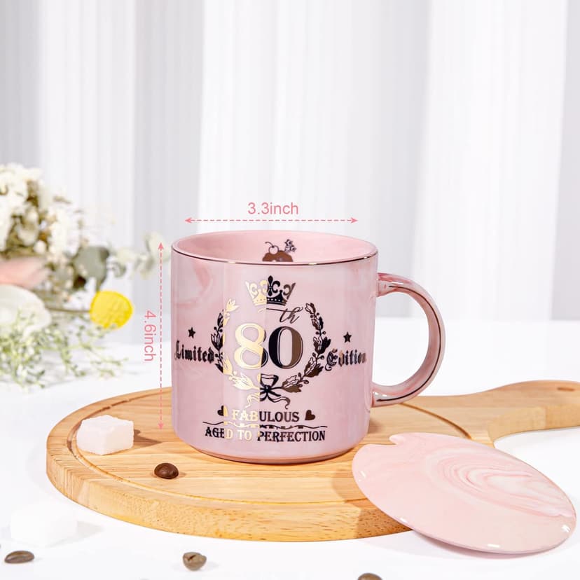 Biching 80th Birthday Gifts for Women, 14oz Pink Coffee Mug with Gold Pattern, Best Gifts for 80 Year Old Grandma, Mom, Sister, Friend, Fabulous 80 Limited Edition, 1943 Birthday Gifts for Women.