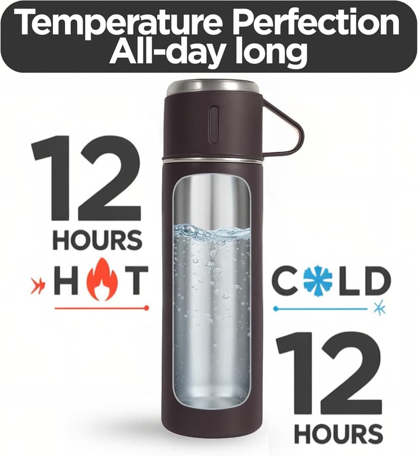 Black Vacuum Flask Gift Set, Stainless Steel Insulated Water Bottle w/ 3 Cups, Hot & Cold Drinks Coffee Thermo Water Bottle, Reusable Thermal Cup for Outdoor Camping Travel, Termos para Agua Fria,17oz