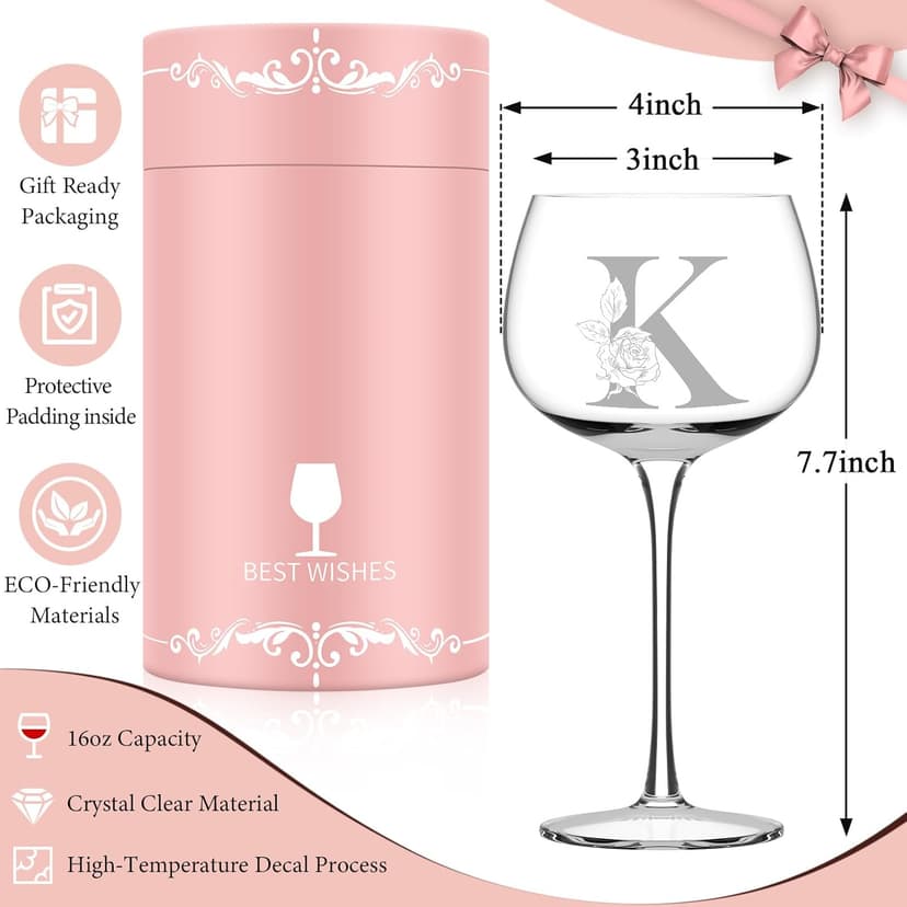 Personalized Gifts for Women, Monogrammed A-Z Wine Glass Customized Gift, Unique Christmas Birthday Gifts for Women Her Mom Friend Sister Wife Daughter Nurse (K)