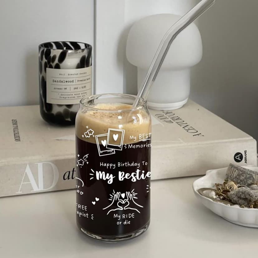 Best Friend Birthday Gifts for Women Friendship - Happy Birthday to My Bestie Glass Cups with Lids and Straws, Funny Presents for Bff Friends Coworkers Unique, Cute Iced Coffee Cup, 16 oz