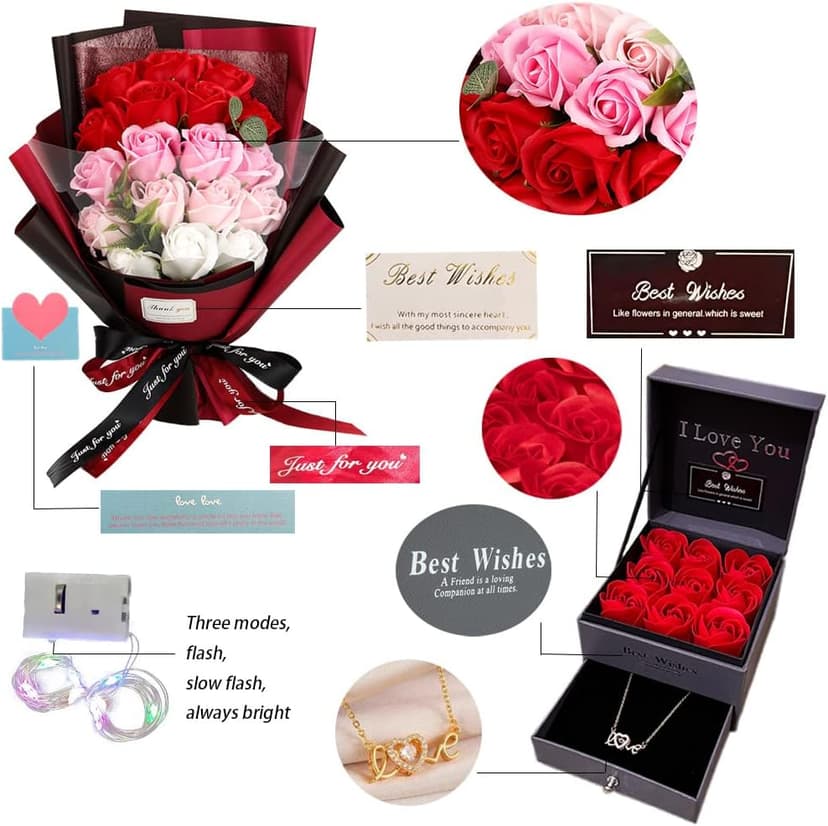 EIGHTOWN Roses Bouquet Artificial Flower - Preserved Red Rose Flowers with Love Necklace for Her - Unique Gifts Valentine's Day, Mother's Day, Thanksgiving, Birthday, Anniversary