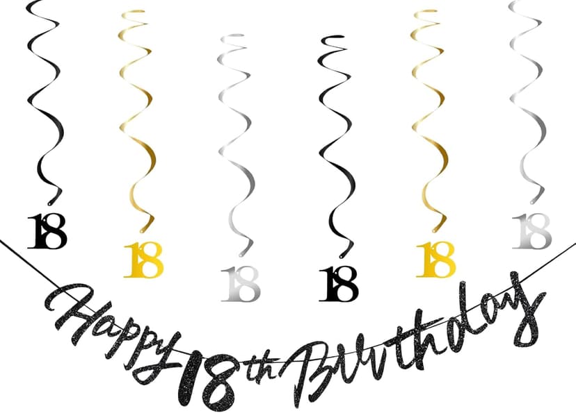 18th Birthday Decorations for Boys Swirls Streamers Set, Hanging Vortex Happy 18th Birthday Banner for Girls, Black and Gold 18 Birthday Decor Party Bunting