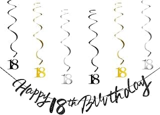 18th Birthday Decorations for Boys Swirls Streamers Set, Hanging Vortex Happy 18th Birthday Banner for Girls, Black and Gold 18 Birthday Decor Party Bunting