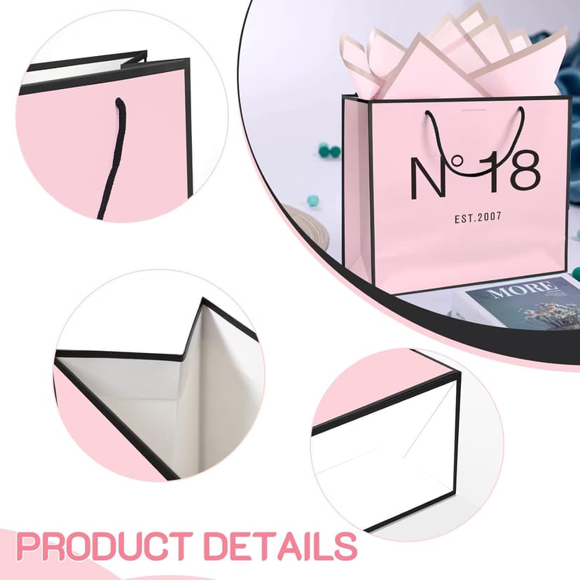 18th Birthday Gift Bag with Card Envelope Sticker Bow Ribbon and Tissue papers for Women Girls N°18 EST.2007 Design with Handles,for Celebrating 2007 18th Birthday Anniversary 13" (EST.2007 18th)