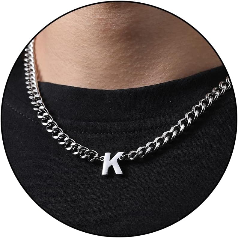 DuoDiner Initial A-Z Cuban Link Chain Necklaces for Men Boys Women Letter Pendant Stainless Steel 6.5mm 18+2 Inches,Jewelry Gifts