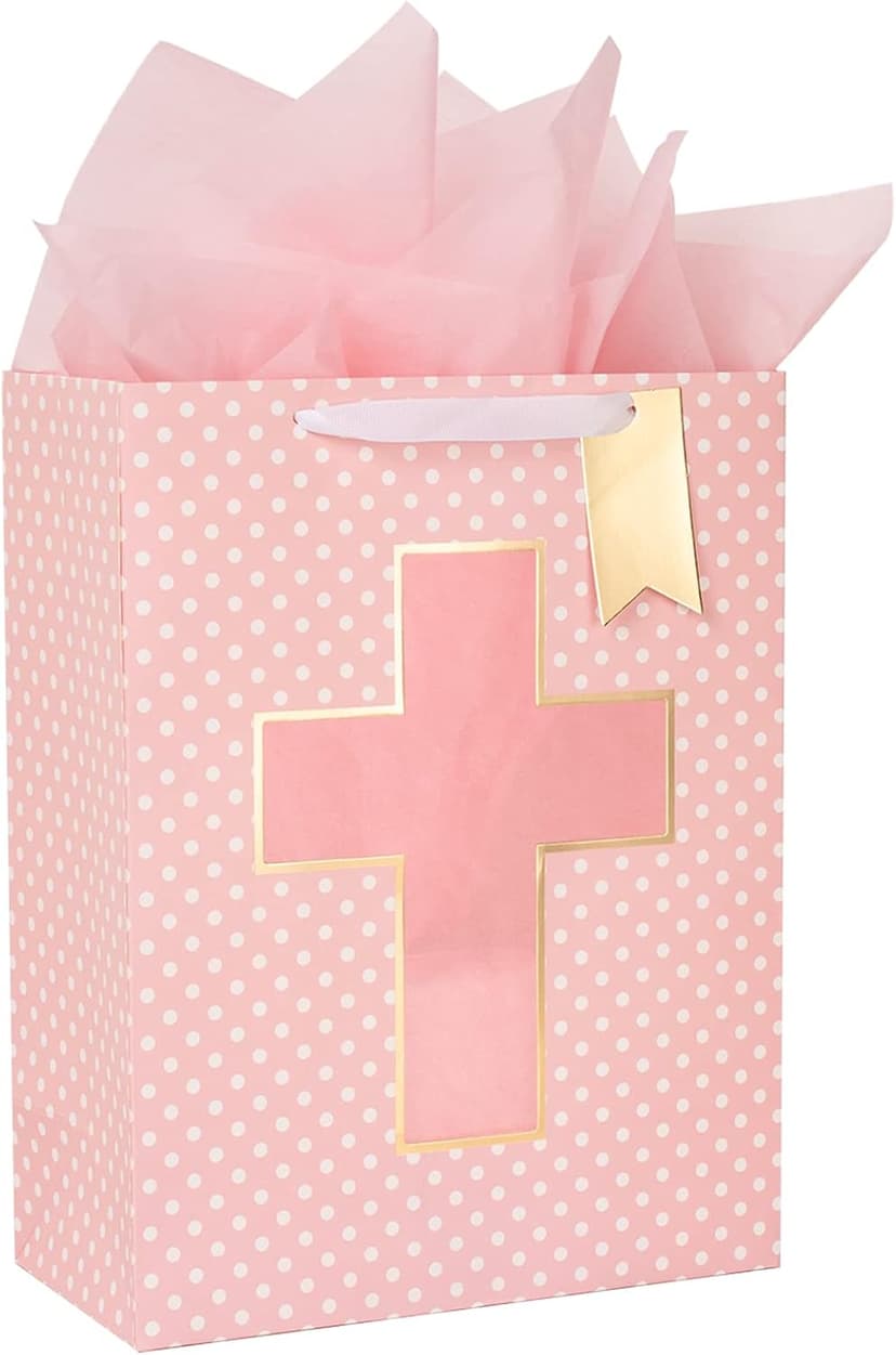 Loveinside Pink Gift Bag with Cross Design, Tissue Paper for Baby Girl Baptisms, Christenings, First Communions Religious Occasion- 10" x 5" x 13", 1 Pcs