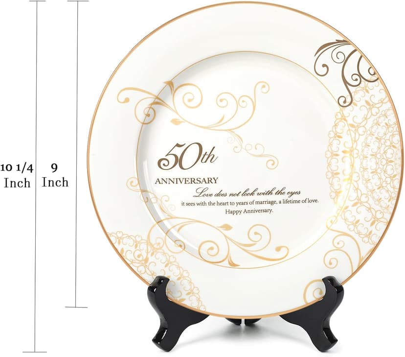 50th Anniversary Wedding Gifts for Couples Parents - 50 Year Marriage Plate with 24k Gold Foil, Golden Keepsake Gift, Ceramic 9 inch