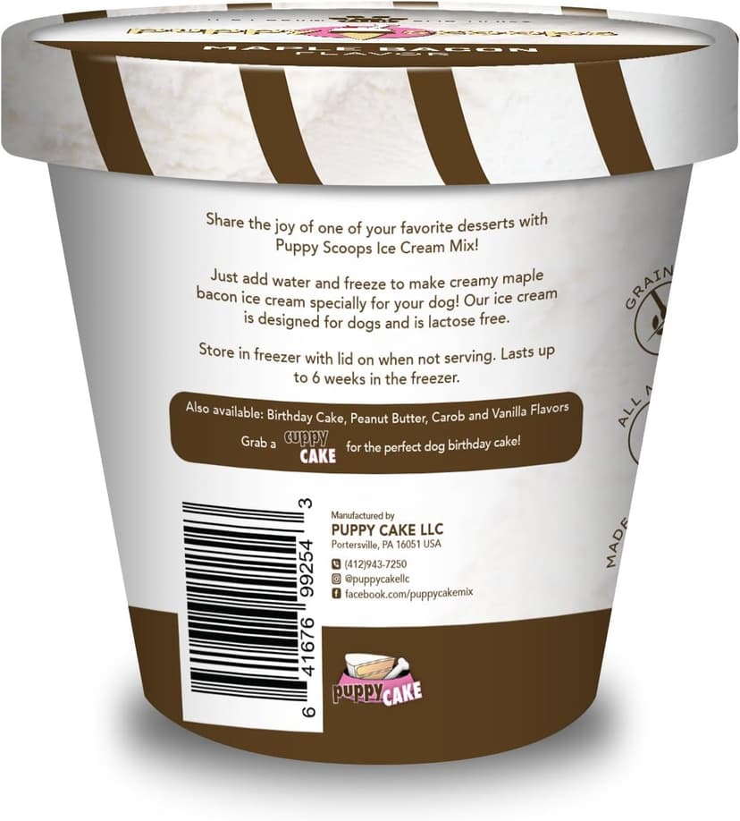 Dog Ice Cream Mix (Maple Bacon Flavor), 4.65 oz - Just Add Water and Freeze at Home, Powder Mix with Ice Cream Cup and Reusable Lid - Made in USA