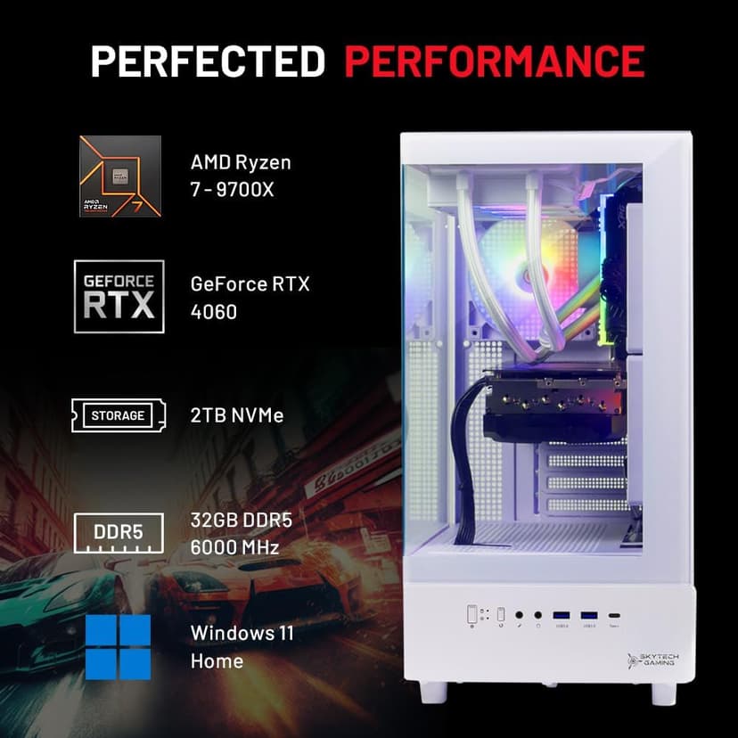 Skytech Azure Gaming PC Desktop, Ryzen 7 9700X 3.8 GHz (5.5GHz Turbo Boost), NVIDIA RTX 4060 8GB GDDR6, 2TB SSD, 32GB DDR5 RAM 6000 RGB, 650W Gold PSU, 360mm ARGB AIO, Wi-Fi, Win 11 Home