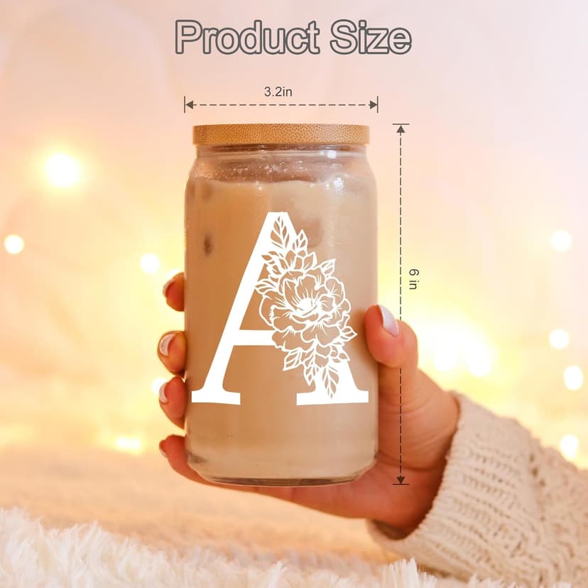 Coolife Initial Glass Cup, Monogrammed Gifts for Women, 16 oz Glass Cups w/Lids Straws, Iced Coffee Smoothie Beer Tumbler w/Straw Lid - Personalized Christmas, Birthday Gifts for Her Mom Friend Woman
