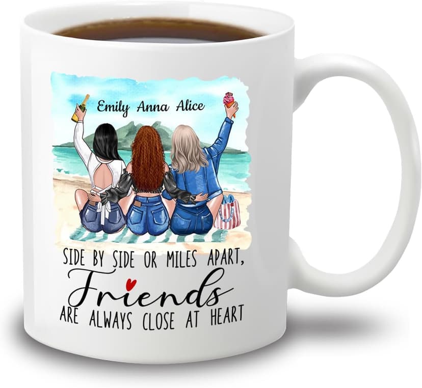 Elido Store Personalized 3 Friends Custom Mug, Side By Side Or Miles Apart Friends Are Always Close At Heart Coffee Mug Gifts For Women, Besties, Soul Sister, Friendship Mugs Custom Names 11oz, 15oz