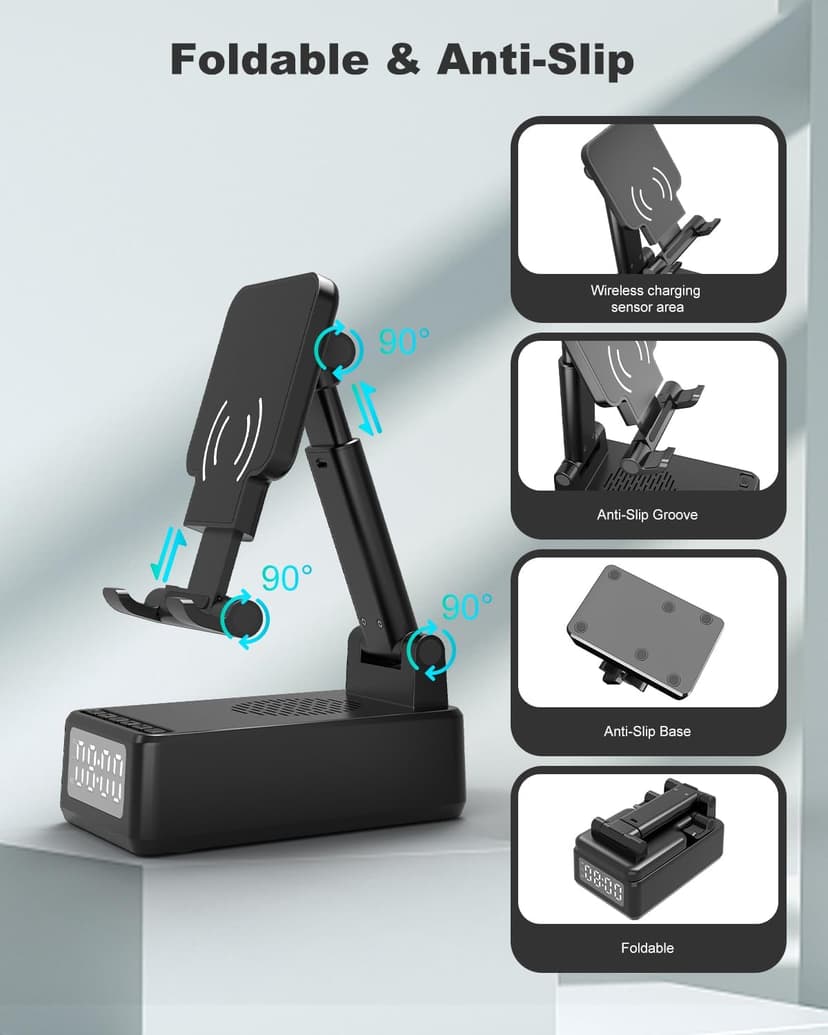 Birthday Gifts for Men Women,6-in-1 Cell Phone Stand Holder with Wireless Bluetooth Speaker & Wireless Charger,Alarm Clock for iPhone,HD Surround Sound Portable Bluetooth Speaker Gifts for Him Her