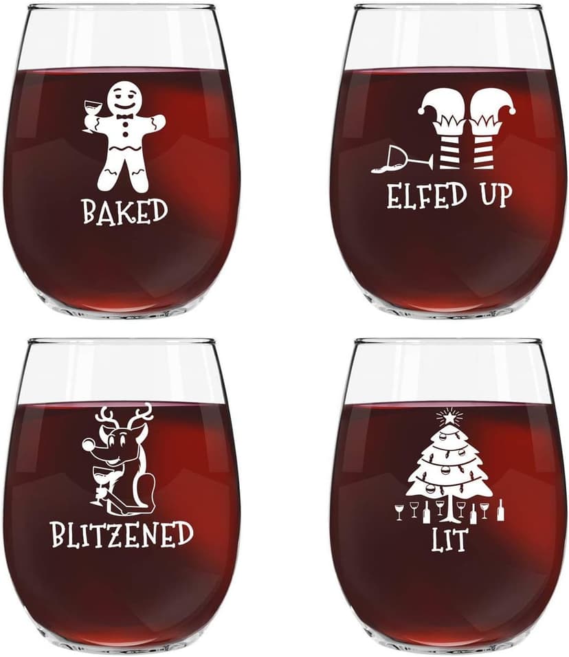 Drunk Christmas Funny Stemless Wine Glasses Set of 4 | Hilarious Christmas Themed Wine Glass for Holiday Party | 4 Designs | 15 oz Cheerful Party Cups & Gift Exchange Idea for White Elephant, Xmas