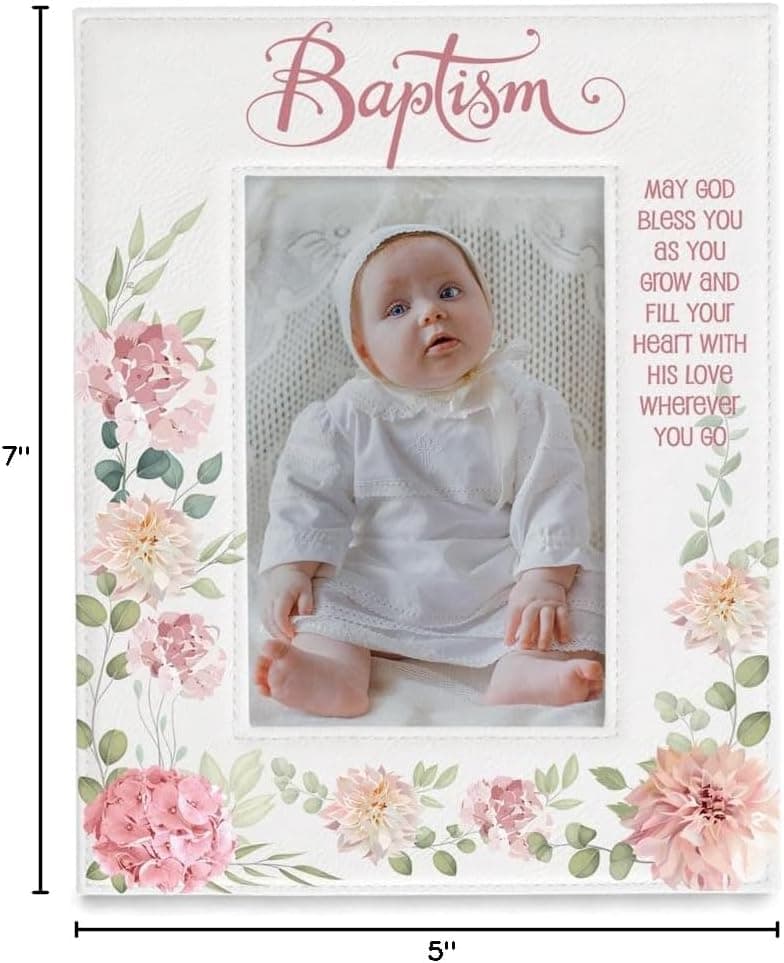 KATE POSH Baptism Picture Frame for Girl, Pink Flowers Decor, Christening, Religisous Gift, From Godparents, New Baby (4x6-Vertical)