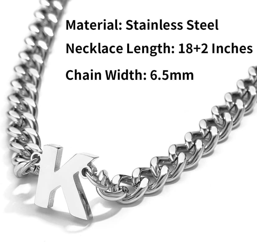 DuoDiner Initial A-Z Cuban Link Chain Necklaces for Men Boys Women Letter Pendant Stainless Steel 6.5mm 18+2 Inches,Jewelry Gifts