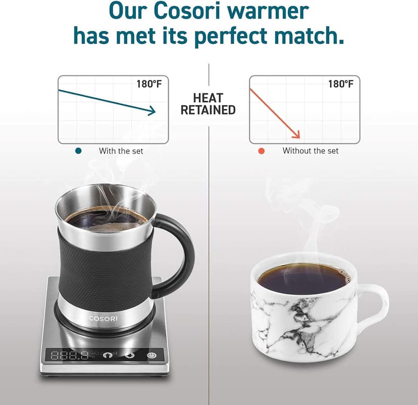 COSORI Coffee Mug Warmer & Mug Set for Desk, Cup Heater, Office & Christmas Gifts, 1°F Precise Temperature Control, Touch Tech & LCD Digital Display (77-194℉), 304 Stainless Steel, Silver/Black
