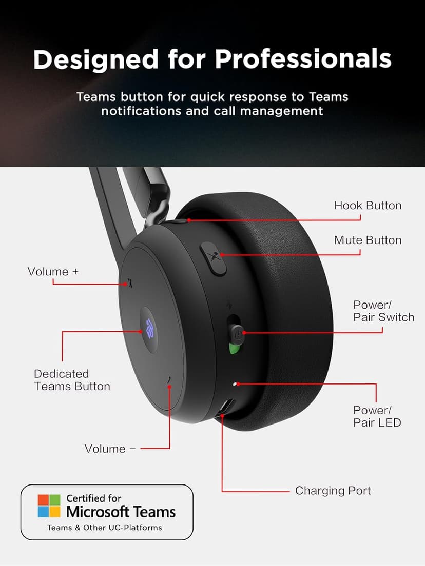 Lenovo Wireless VoIP Headset Teams Certified, Noise-Canceling Mic, Bluetooth 5.3 Multipoint, USB-A Receiver, 31-Hour Talk & 60-Hour Playback, Lightweight Over-Ear Design, Replaceable Earcups