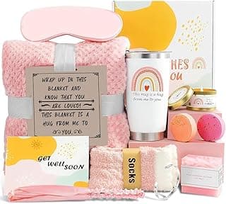 Get Well Soon Care Package for Women, 12 Pcs Deluxe Self-Care Gift Box with Pink Cozy Blanket, Tumbler, Candle & Spa Feel Better Basket – After Surgery, Thinking of You, Encouragement Recovery Gifts