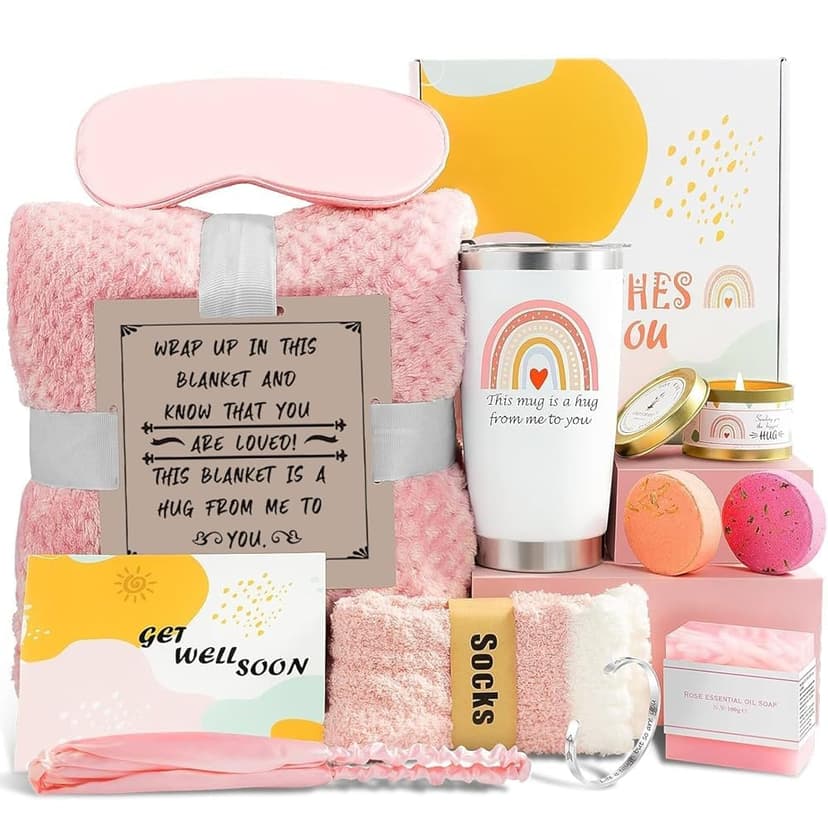 Get Well Soon Care Package for Women, 12 Pcs Deluxe Self-Care Gift Box with Pink Cozy Blanket, Tumbler, Candle & Spa Feel Better Basket – After Surgery, Thinking of You, Encouragement Recovery Gifts