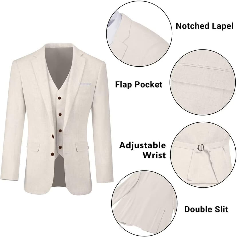 Retro Linen Mens Suit 3 Pieces Light Weight Casual Linen Summer Slim Fit Suits Tuxedo Jacket Blazer Vest Pant for Men
