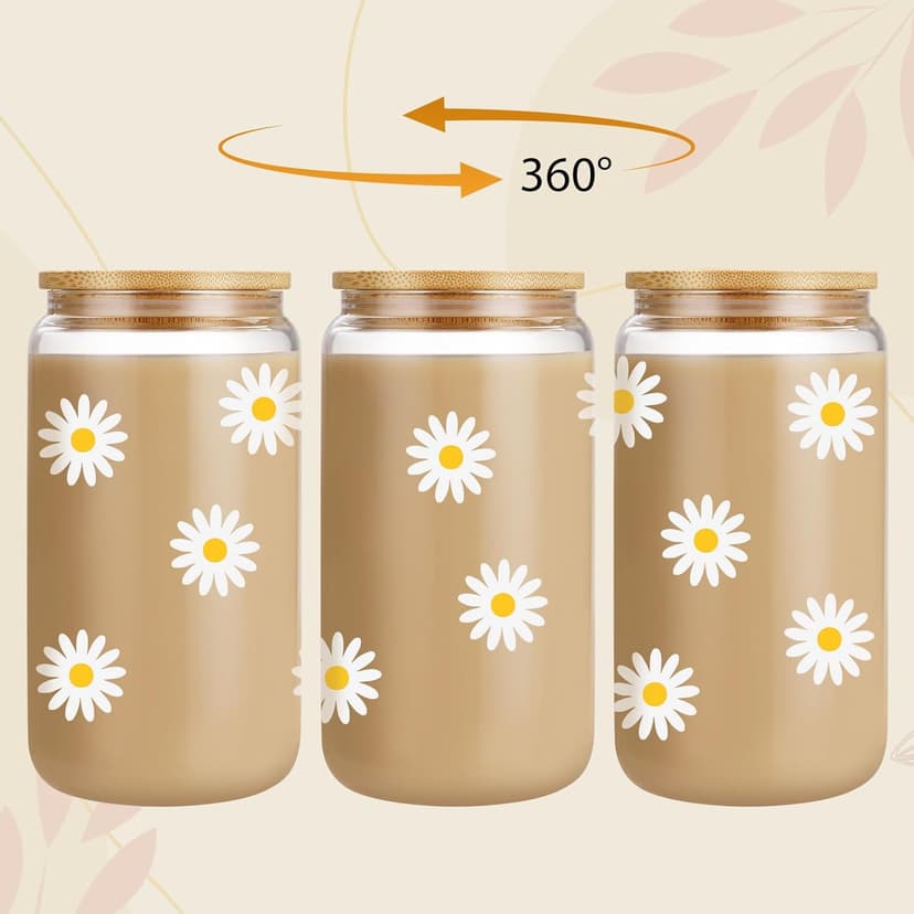 GSPY Daisy Aesthetic Gifts, Iced Coffee Cup, Cute Glass Cups with Lids and Straws - Cute Mugs, Flower Mug, Glass Tumbler - Retro, Christmas, Birthday Gifts for Women, Coffee Lovers, Friend, Girls, Mom